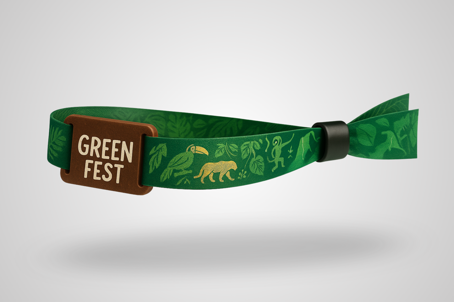 A photo of a fabric wristband with RFID slider made of leather