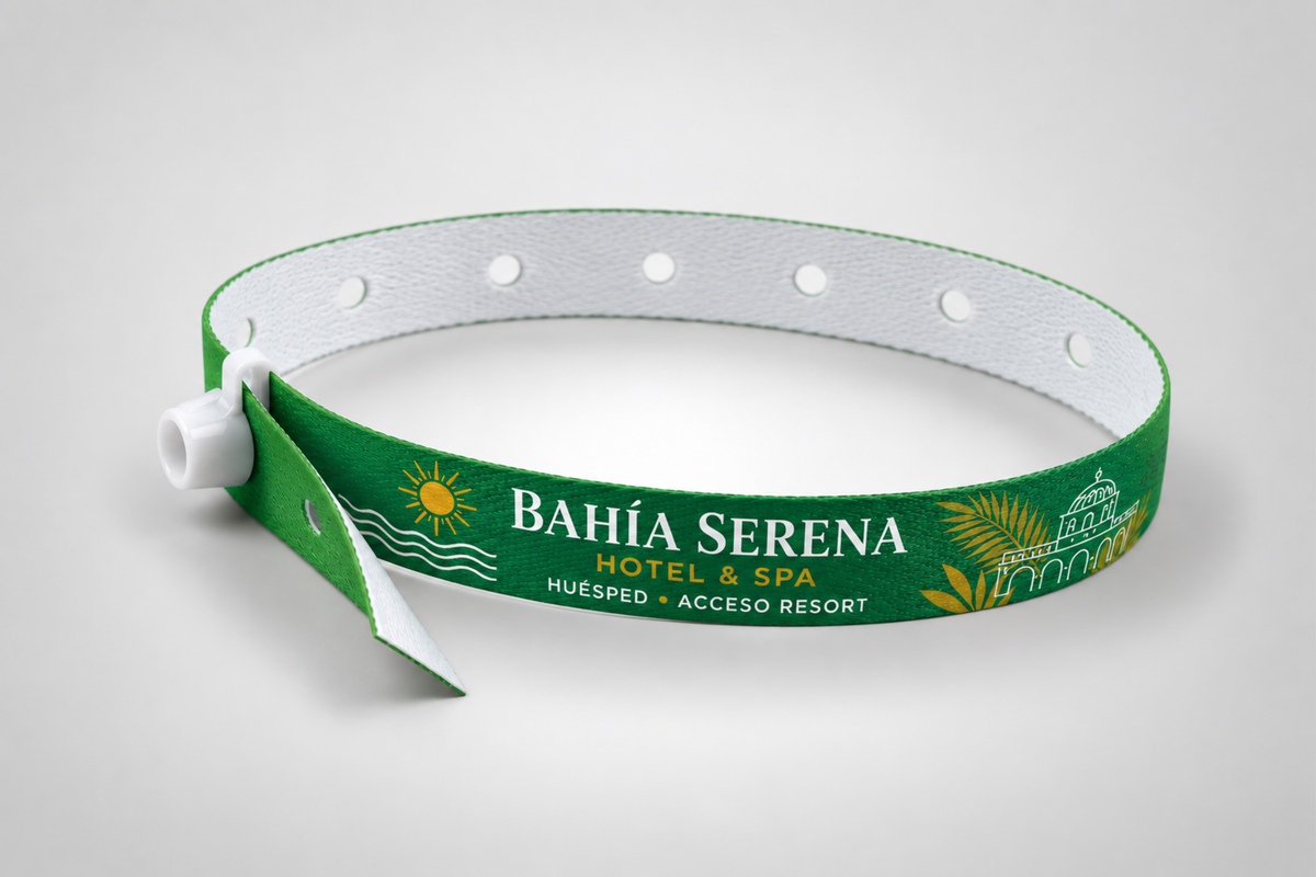 Grünes Stoffarmband mit weißem Druckknopfverschluss, Seitenansicht