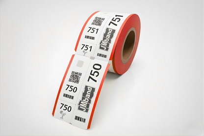 Rote, dreiteilige Tickets mit Aufdruck.