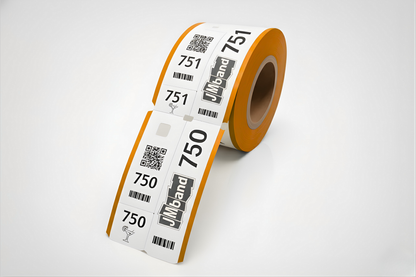 Orangefarbene 3-teilige Tickets mit individuellem Aufdruck in Orange.