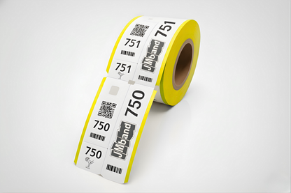 Gelbe, dreiteilige Tickets mit Aufdruck.