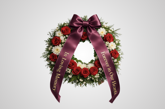 Umweltfreundliches Satin-Blumenstraußband mit bordeauxfarbenem Aufdruck und individuellem Design von JM Band®.