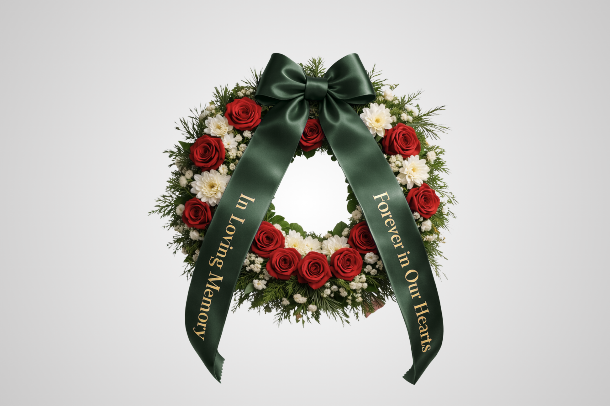 Dunkelgrünes, umweltfreundliches Satin-Blumenstraußband mit individuellem Aufdruck von JM Band®.