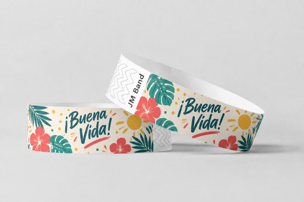 Zwei Papierarmbänder mit vollfarbigem Tropenblumen-Druck