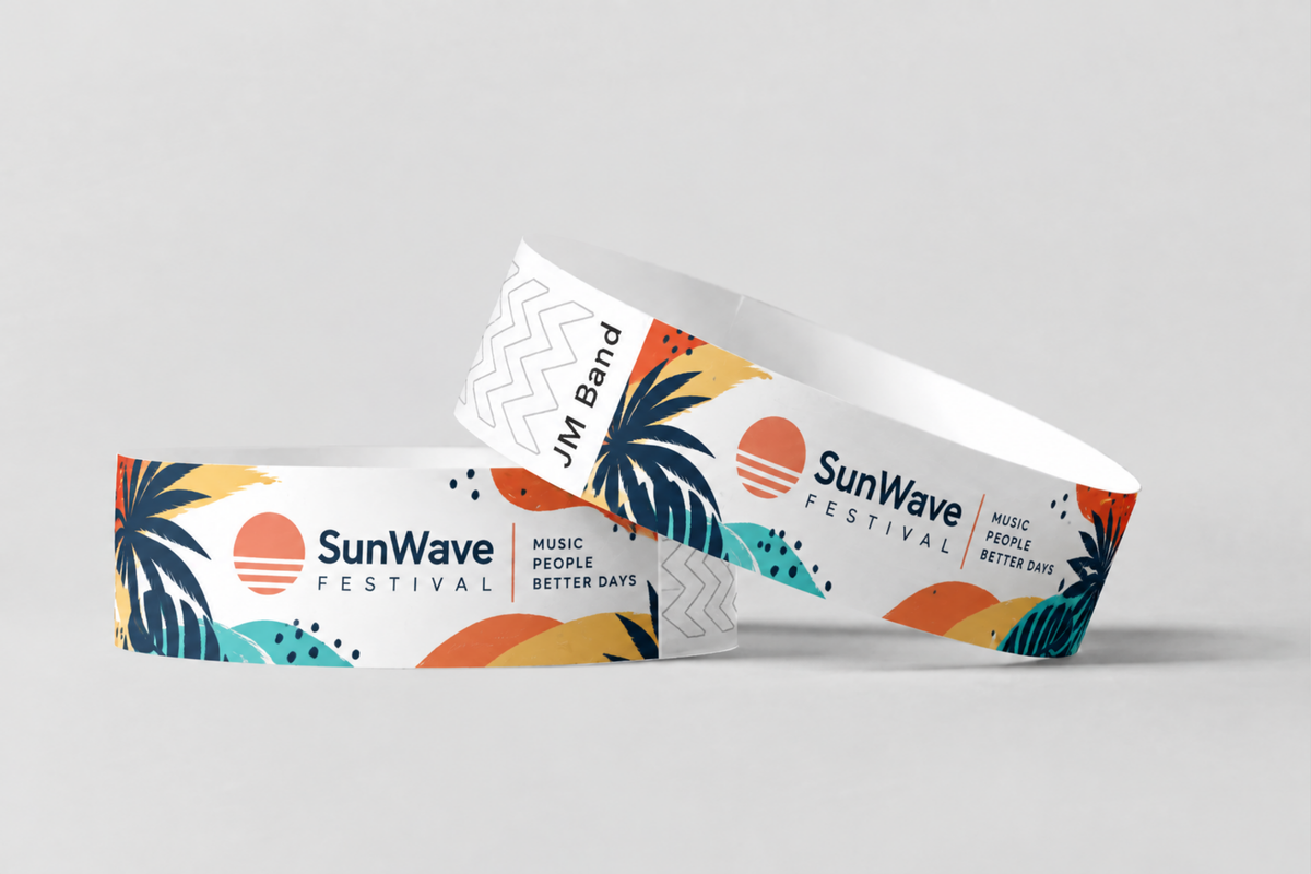 Zwei Papierarmbänder mit vollfarbigem Sonnenuntergang-Festivaldruck