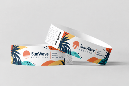 Zwei Papierarmbänder mit vollfarbigem Sonnenuntergang-Festivaldruck