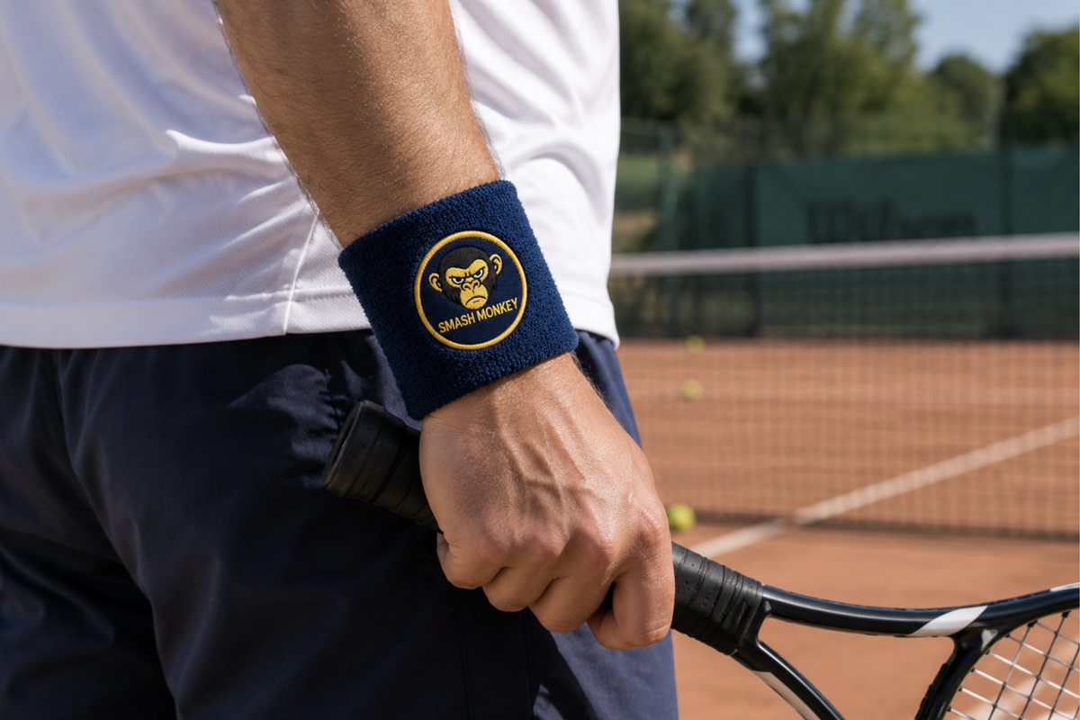 Tennisspieler mit marineblauem personalisiertem Schweißband mit Logodruck