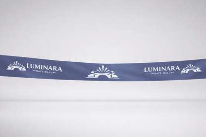 Blaues Einweihungsband aus ECO-Satin mit Druck von JM Band®.