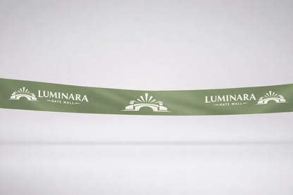 Moosgrünes Einweihungsband aus ECO-Satin mit Druck von JM Band®.
