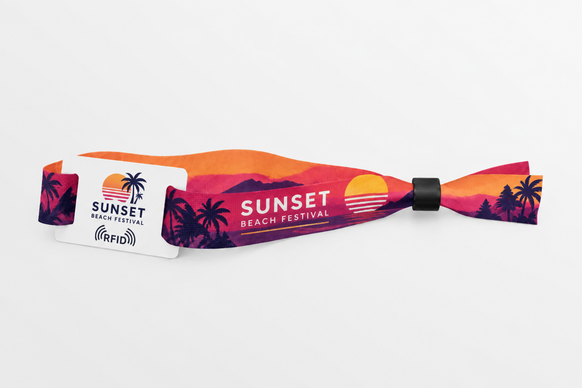 RFID-Stoffarmband aus rPET mit orangem Sonnenuntergang-Strandfestival-Druck