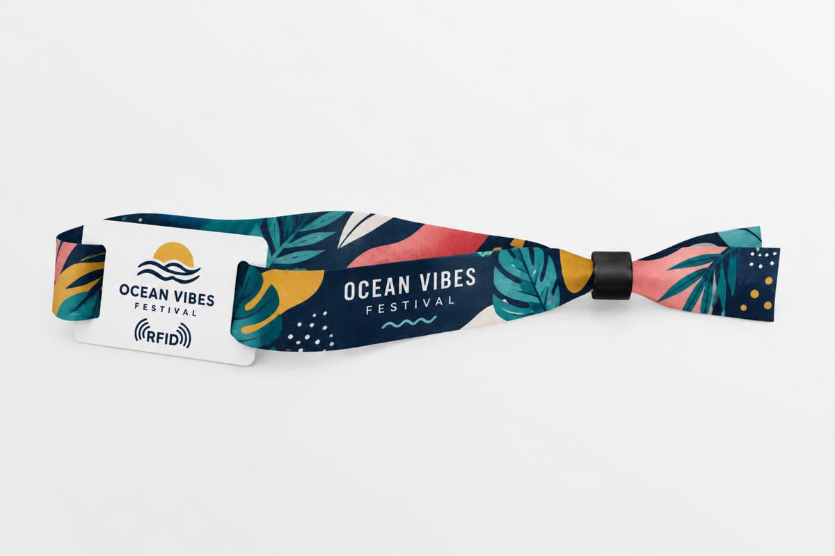 RFID-Stoffarmband aus rPET mit farbenfrohem tropischem Festival-Druck
