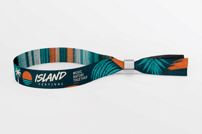 Dunkeltürkises gewebtes Stoffarmband mit Tropeninsel-Festivalmotiv